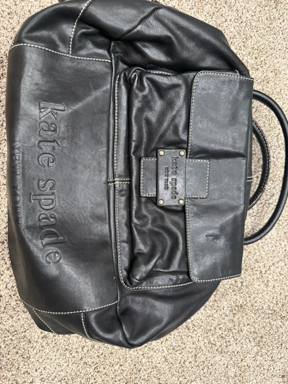 kate spade Black Leather Tote with Green Polka Dot Lining
